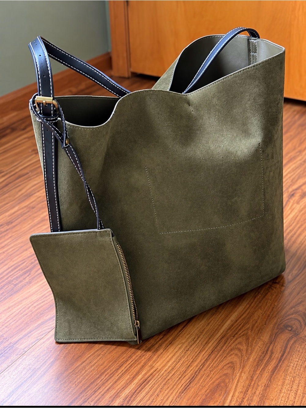 GAP Olive Green Suede Tote with Black Straps